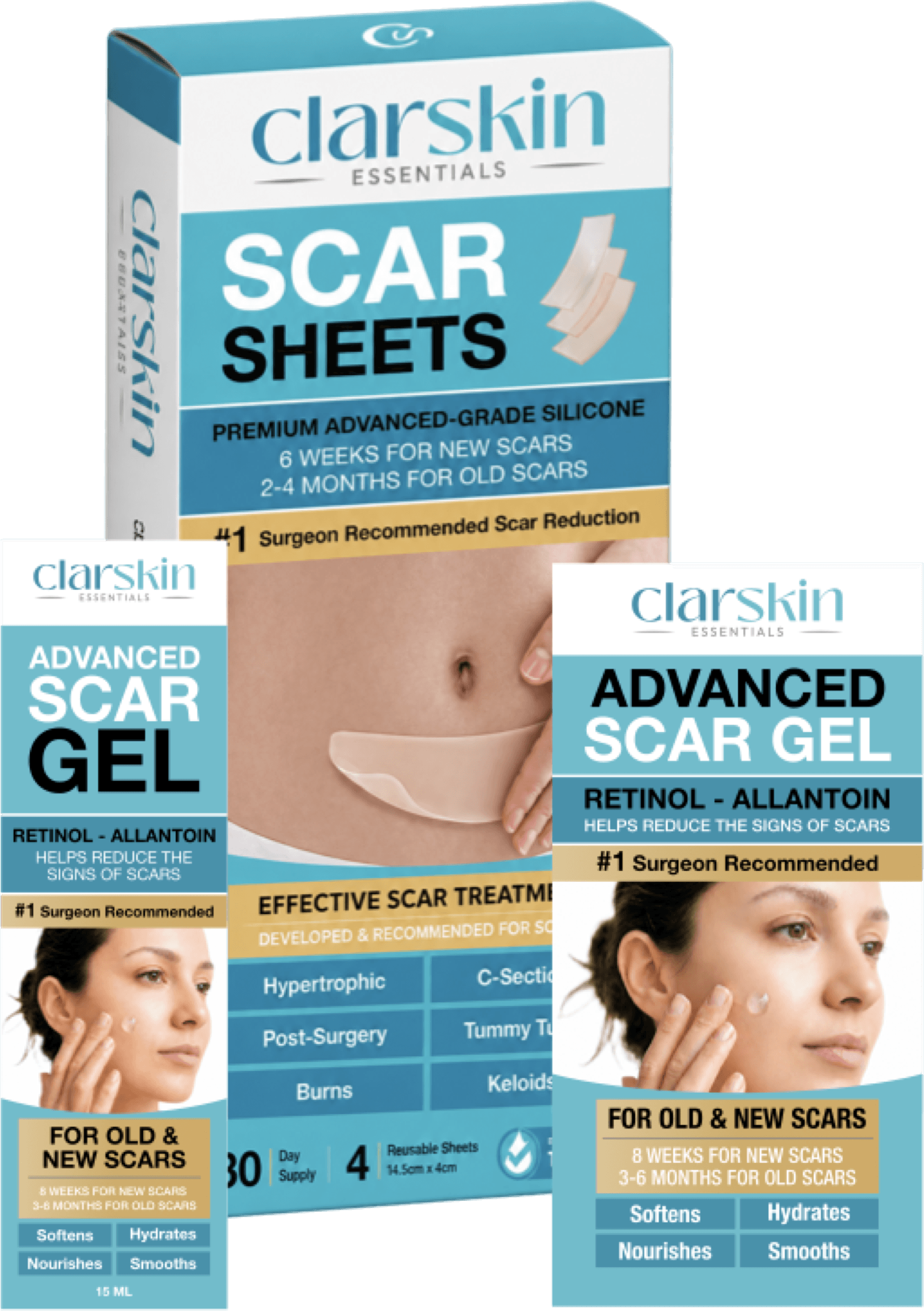 Clarskin Scar Sheets box with the 15ml and 50ml Scar Gel